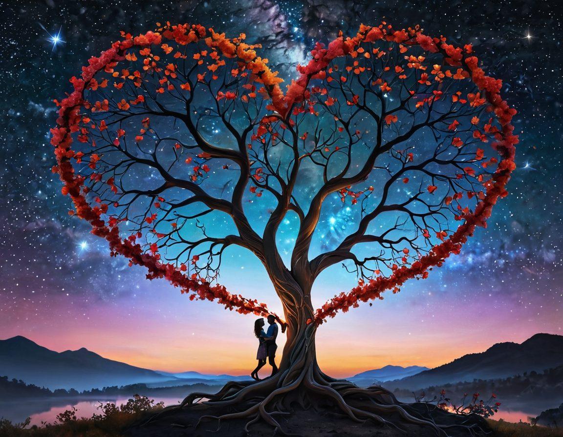 A heart-shaped tree with intertwined branches symbolizing love, with vibrant flowers representing different relationship strategies. In the background, two figures engaging in meaningful conversation under a starry sky, conveying deep connections. Soft lighting to evoke warmth and intimacy. super-realistic. vibrant colors. dreamy atmosphere.