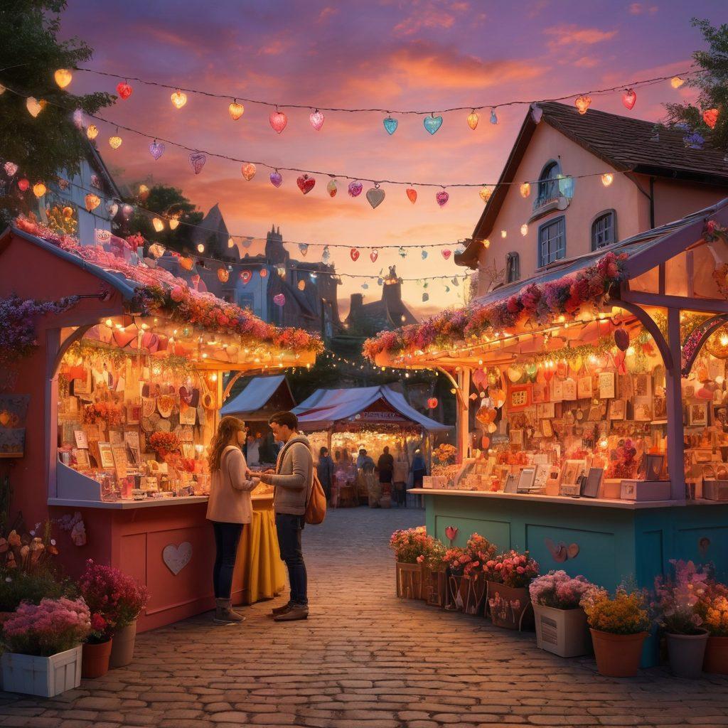 A whimsical marketplace bustling with people exchanging hearts and love letters, colorful stalls adorned with flowers and romantic symbols. In the foreground, a couple joyfully trades a glowing heart, surrounded by pastel-colored decorations and fairy lights. A vibrant sunset casts a warm glow over the scene, creating an inviting atmosphere. super-realistic. vibrant colors. 3D.